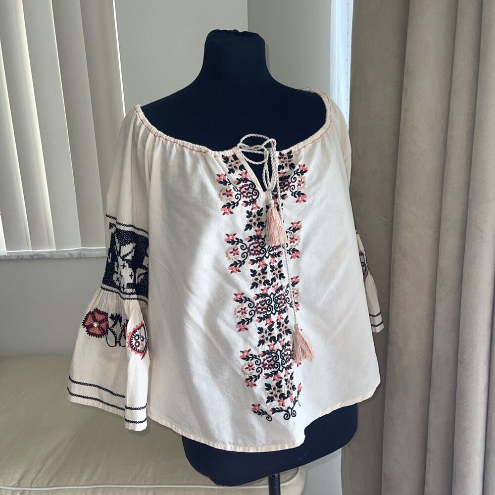 Sophie Max 100% Cotton Embroidered Boho Festival Casual Top Bell Sleeve M - Picture 3 of 9